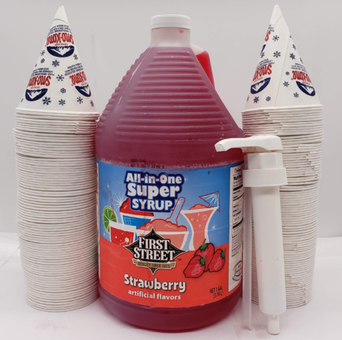 One Gallon Strawberry Syrup with Pump and 200 Cones