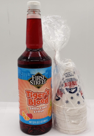 32 Oz Bottle-Tigers Blood Snow Cone Syrup and 25 Snow Cone Cups