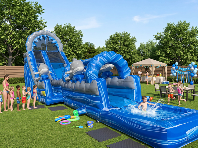 Blue Dolphin Slide w Slip n Slide rental Austin TX