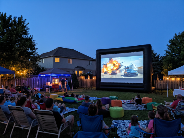 Inflatable outdoor movie screen rental at a backyard party in Austin TX