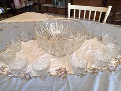 Clear Cut Glass Punch Bowl w/ 12 cups