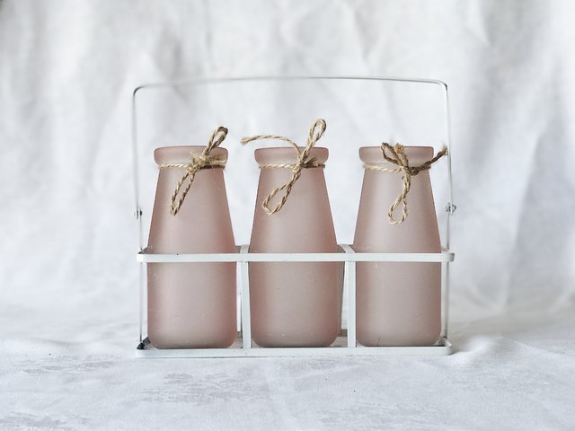 Milk Bottles- Pink in Wire Basket