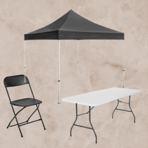 Tent 10x10, 6ft Table and 8 black chairs