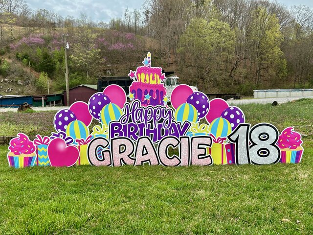 birthdaypinkyellowpurpletealyardsign