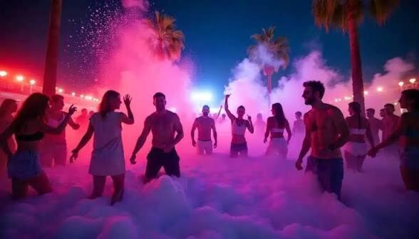 Teens and adults dancing in foam at an evening party at a Sir Bounce-A-Lot foam party, Collegedale, TN