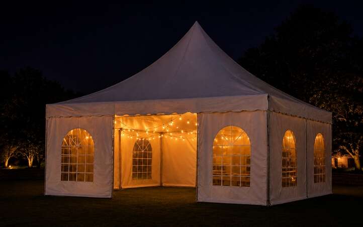 String lights and side walls on an event tent at night