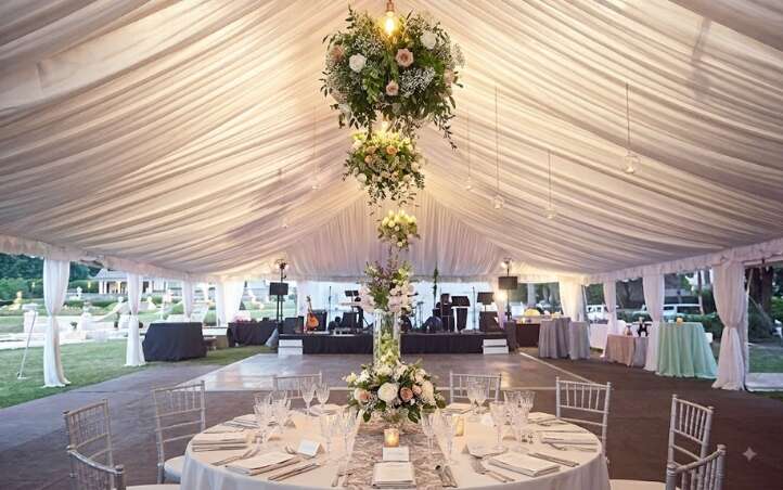 Draped tent liner ceiling at a McAllen quinceañera