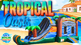 <font size= 5 color= Orange>Tropical Oasis</font><font color =orange size=4>- (14’x32’)</font><font color=black size= 4><p>Basketball Hoop Inside & Slide</p></font>