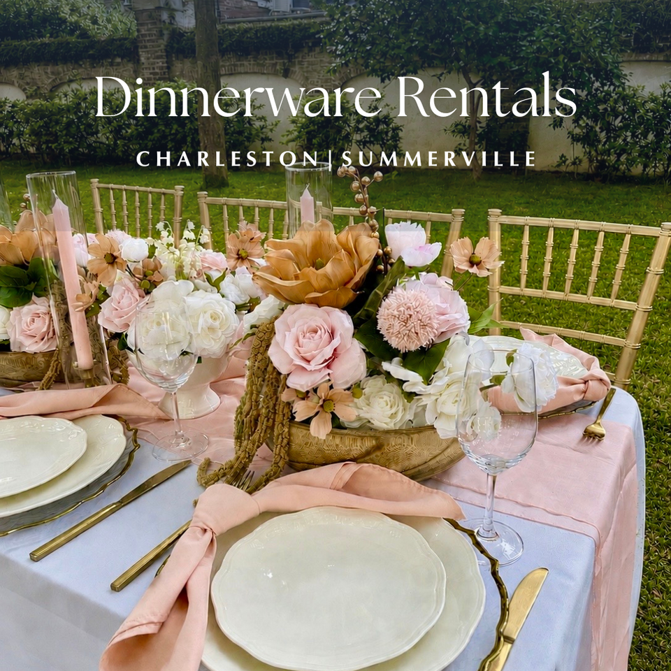 Charleston wedding table setting with gold charger and crystal glassware