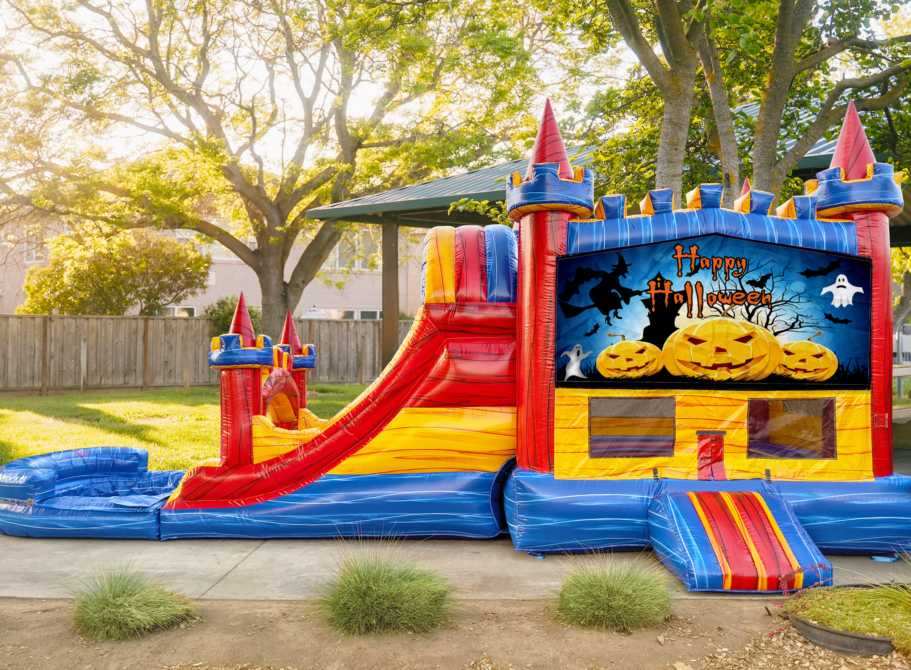 Pumpkin Halloween Castle Bounce House with Double Lane Slide