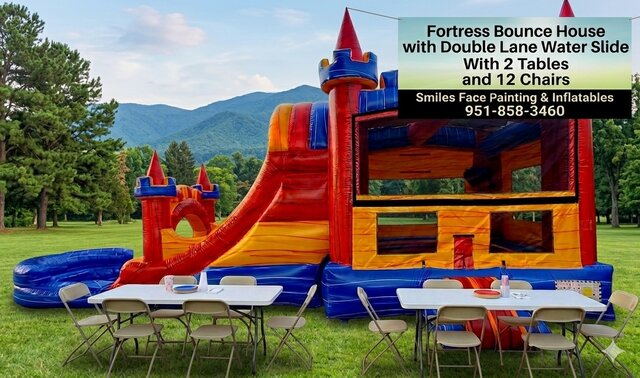 *SALE* Fortress Bounce House with Double Lane Water Slide + 2 Free Tables and 12 Free Chairs