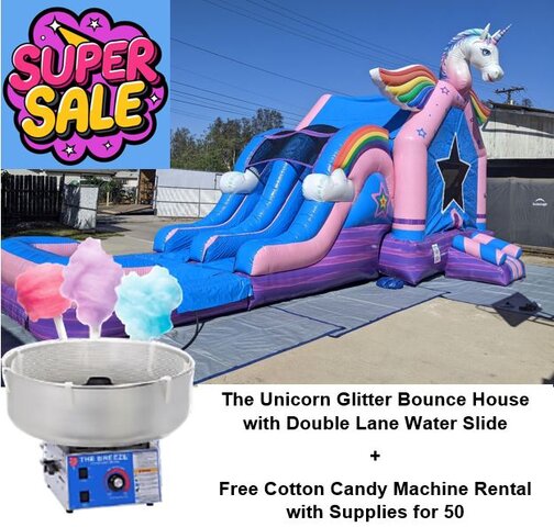 *SUPER SALE* Unicorn Glitter Bounce House with Double Lane Water Slide + Free Cotton Candy Machine Rental (Supplies Included)