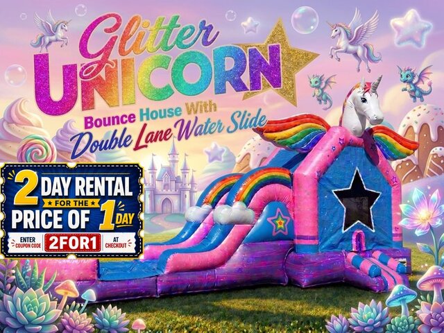 The Unicorn Glitter Bounce House with Double Lane Slide (WET)