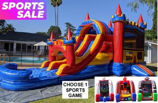  *SPORTS SALE* The Fortress Bounce House with Double Lane Water Slide (WET) + Choose 1 Sports Challenge Game