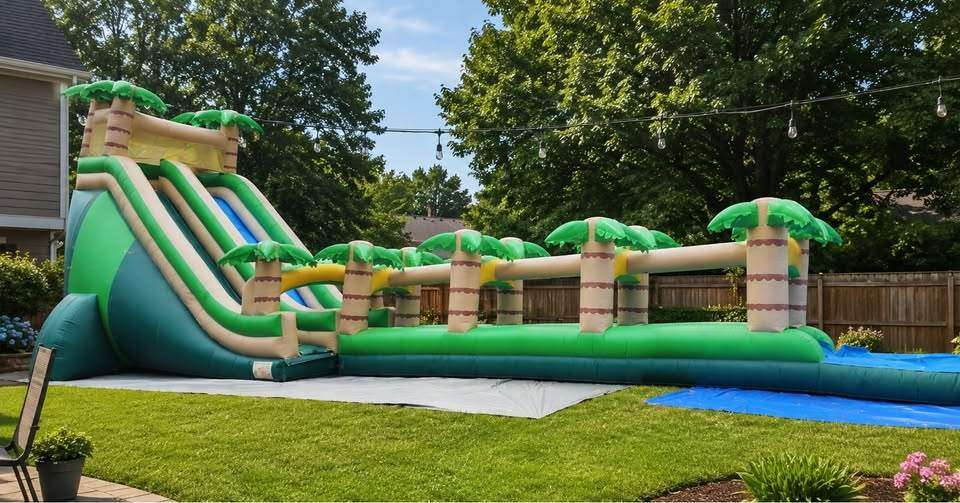 Giant inflatable water slide rental set up for a party in Marshall, TX