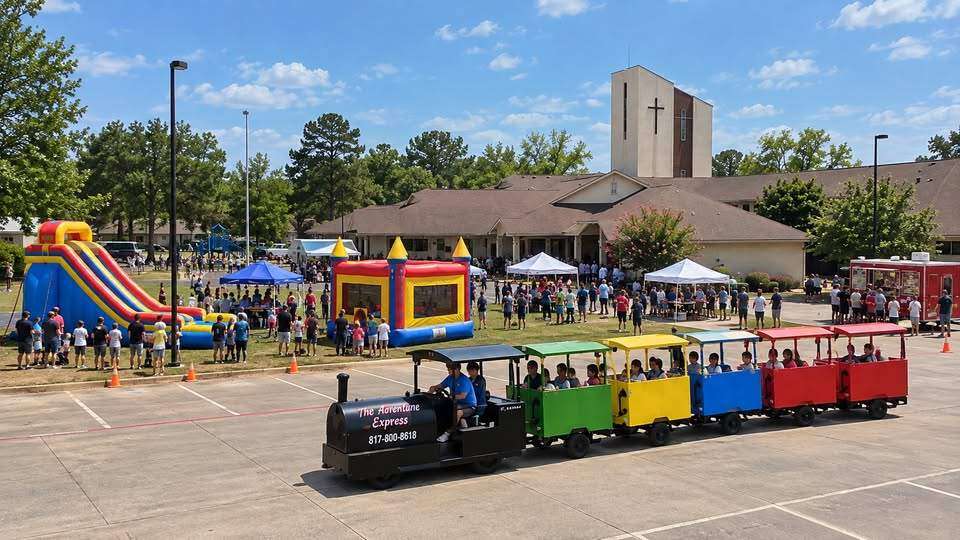 Trackless train rental giving rides at a church event near Marshall, TX