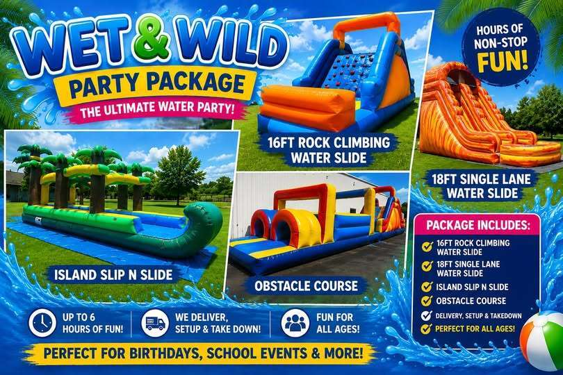 Wet and wild water slide party package rental in Marshall, TX