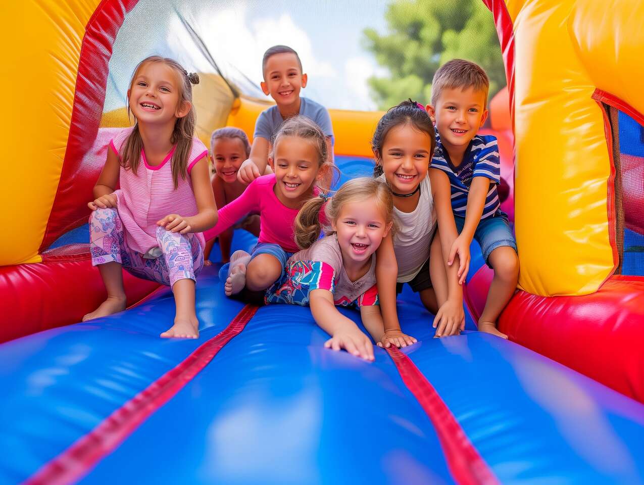 Smiling child climbing through bounce house at Cook County party event