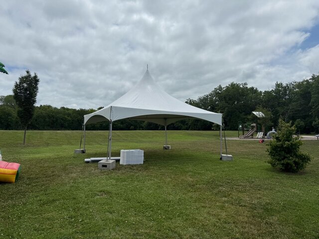 20x20 white high peak tent rental set up in Lee's Summit, MO