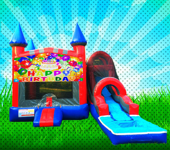 WET HAPPY BIRTHDAY Red, Blue, Gray Colors Combo Bounce House 