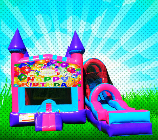 DRY HAPPY BIRTHDAY Pink, Purple, Light Blue Colors Combo Bounce House 