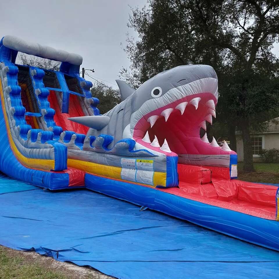 Shark-themed inflatable water slide rental by Sunny Inflatables in Florida