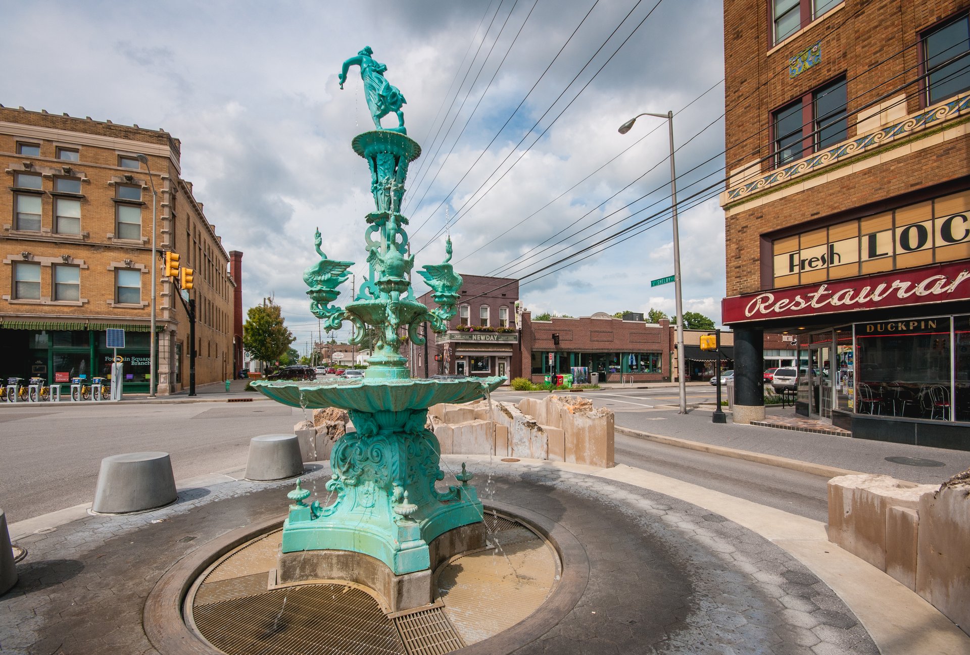 Fountain at the heart of Fountain Square in Indianapolis.