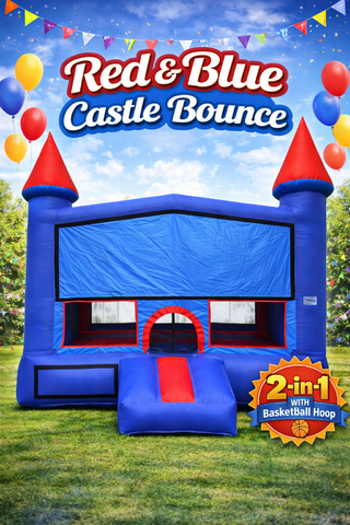 Red and Blue Castle Bounce House Rental with Basketball Hoop 2-in-1 Inflatable