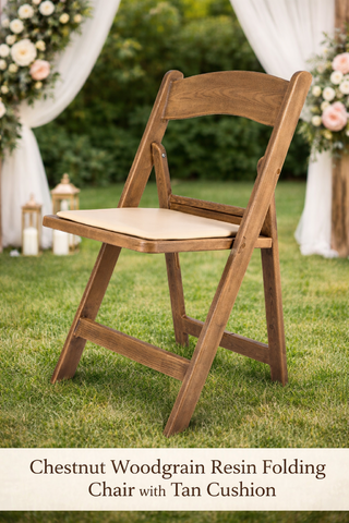 Chestnut Woodgrain Resin Folding Chair with Tan Cushion