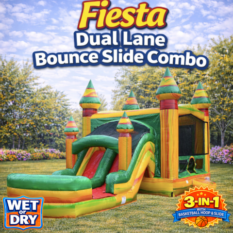 Fiesta Dual Lane Bounce House Slide Combo Rental (Wet/Dry) – 3-in-1 with Basketball Hoop