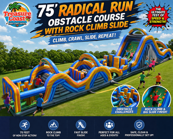 75' Radical Run Obstacle Course w/ Rock Climb Slide