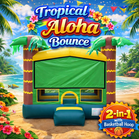 Tropical Aloha Bounce House Rental with Basketball Hoop 2-in-1 Inflatable