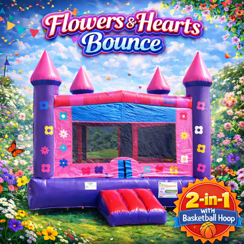 Flowers and Hearts Bounce House Rental with Basketball Hoop 2-in-1 Inflatable