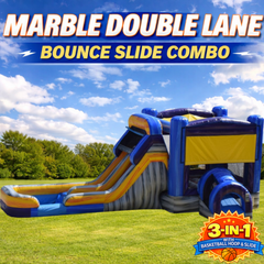 Marble Double Lane Bounce House Slide Combo Rental (Wet/Dry) – 3-in-1 with Basketball Hoop