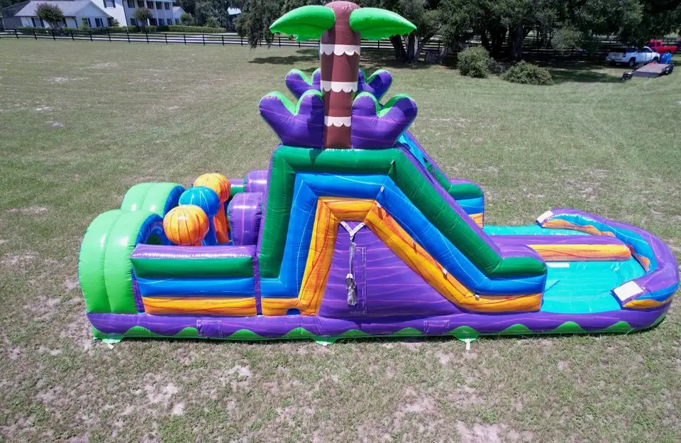35 foot wet and dry obstacle course set up on a large lawn