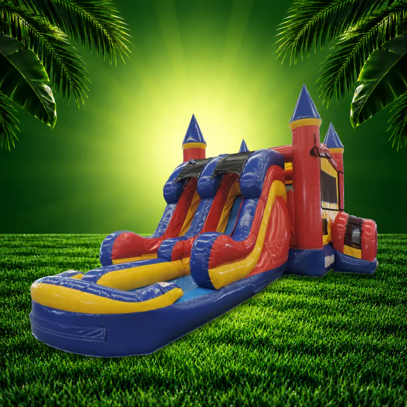 The double lane castle combo, a bounce house with two slides and a splash pool