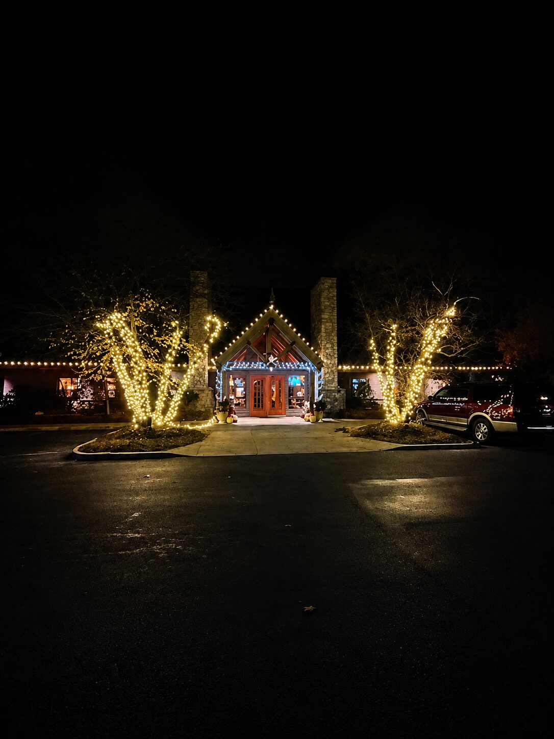 Commercial Christmas lighting with wrapped trees near Grand Rapids