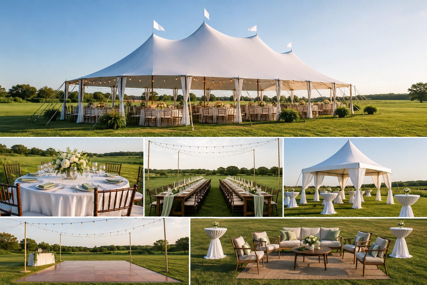 collage of tent, table, dance floor and lounge setups we plan around Grand Rapids