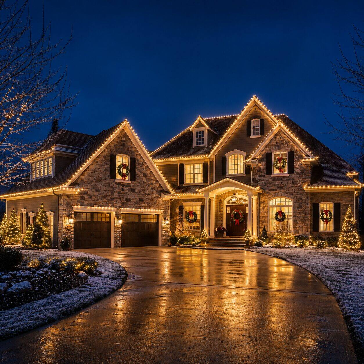 Professional Christmas light installation on a luxury Grand Rapids home
