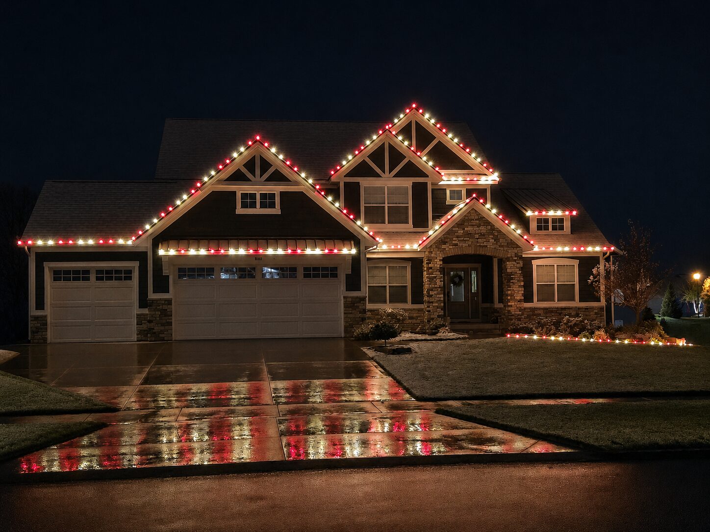 Red and warm white Christmas light installation in Grand Rapids