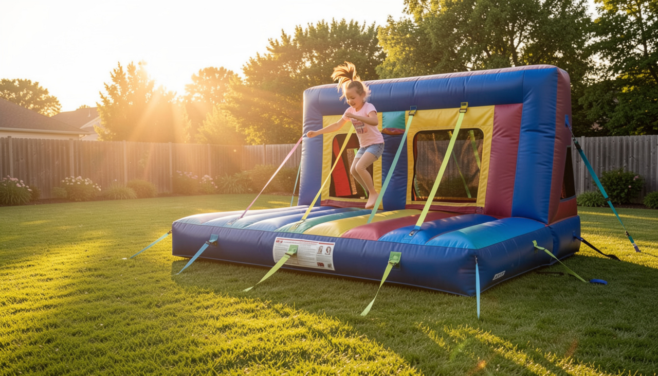 Affordable bounce house rental in Plano TX with kids jumping at a backyard celebration
