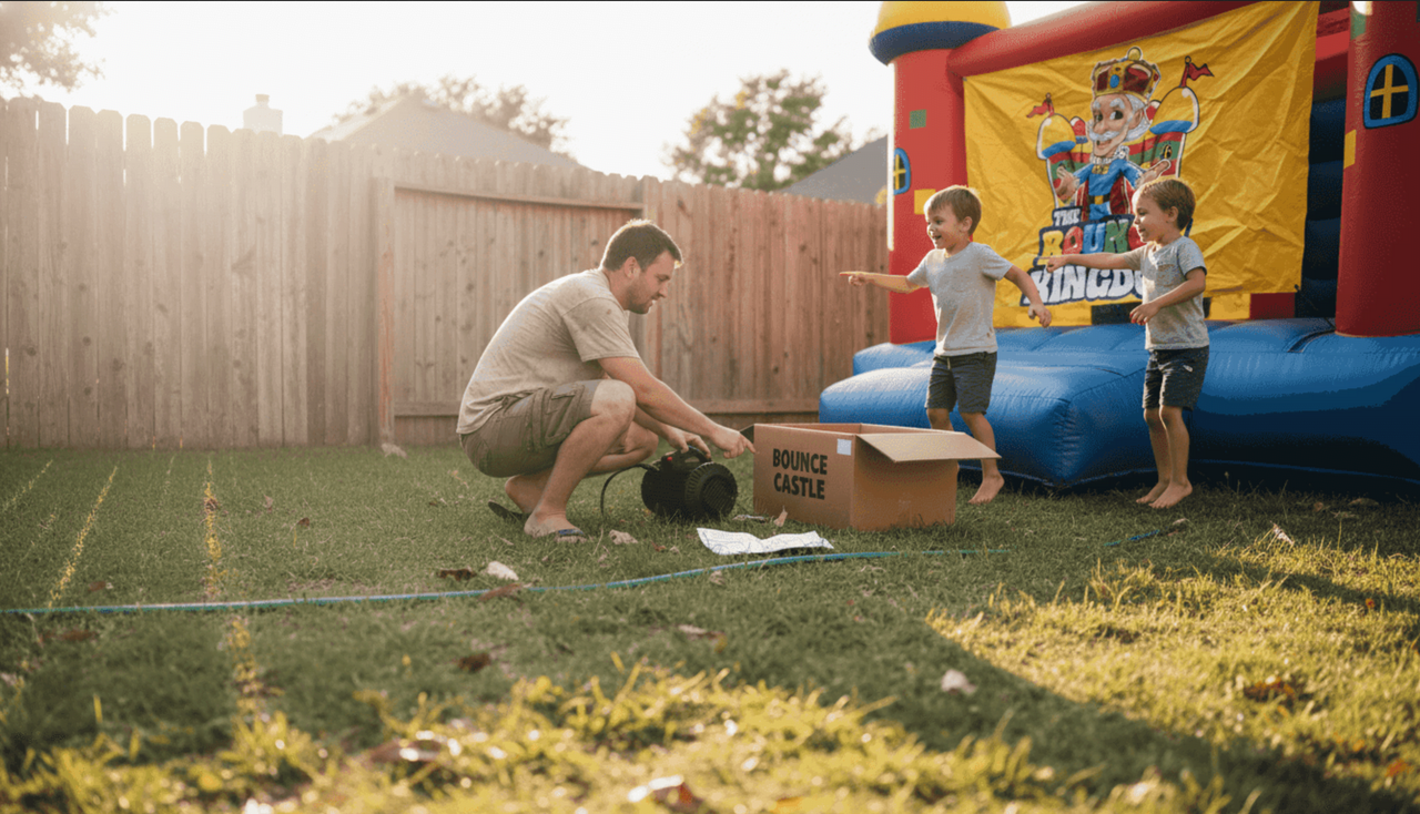 children jumping in colorful bounce house at backyard party
