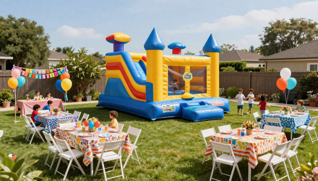 kids playing in bounce house during backyard birthday party