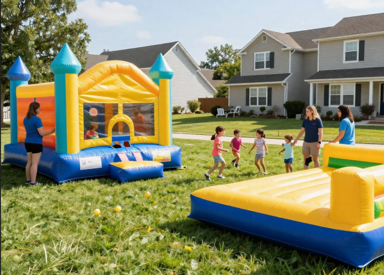 Kids playing in a backyard bounce house rental in Anna TX