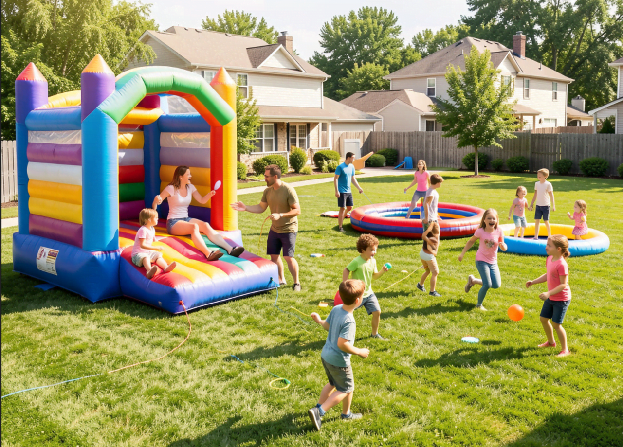 Children jumping inside inflatable bounce house at backyard birthday party in Anna Texas