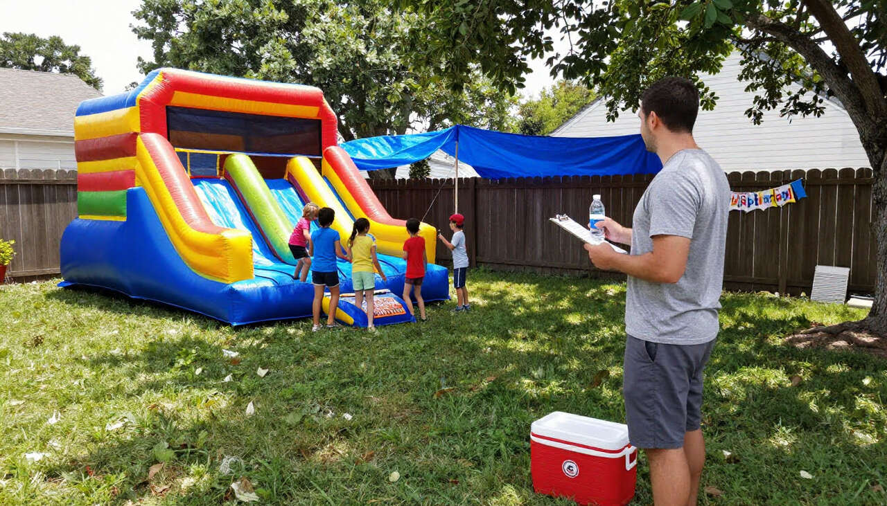 large inflatable combo bounce house with slide at outdoor party