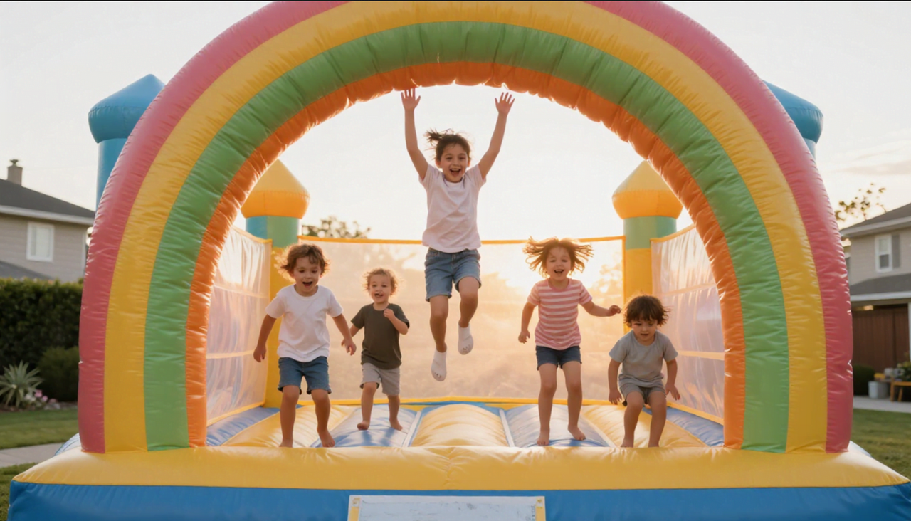 Kids enjoying inflatable bounce house at backyard birthday party in Anna TX