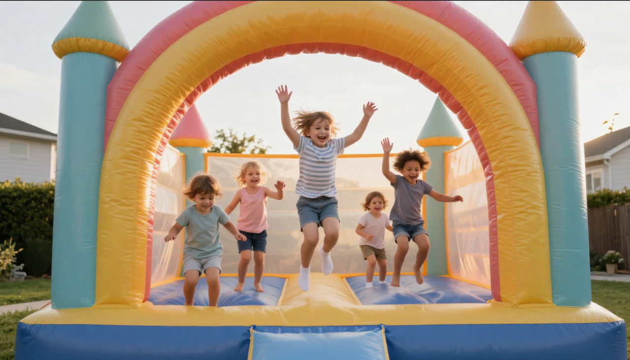 Children jumping inside inflatable combo bounce house during birthday party in Anna Texas