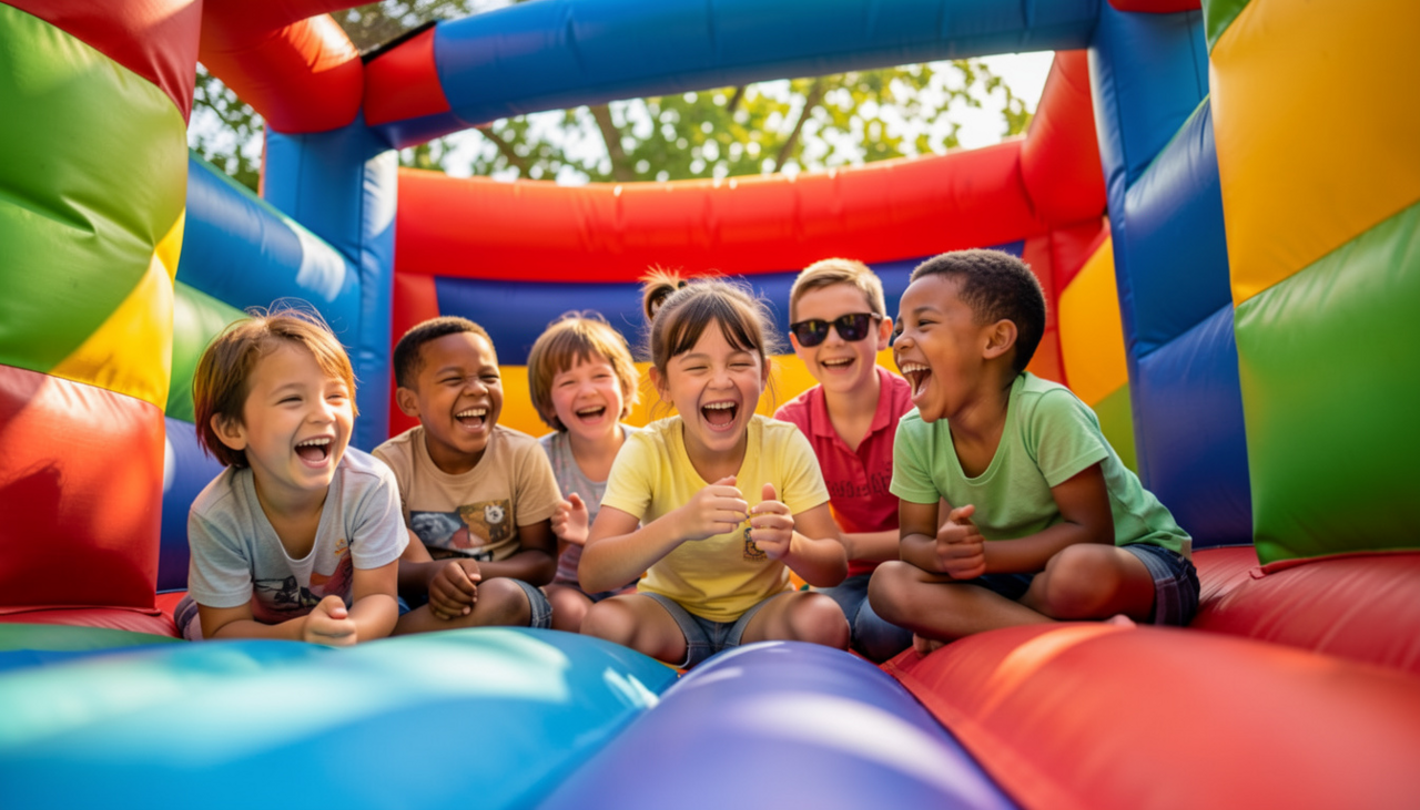 Birthday party bounce houses in Plano TX set up for a backyard celebration