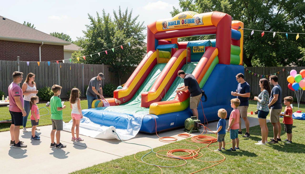 delivery team setting up inflatable bounce house at backyard party